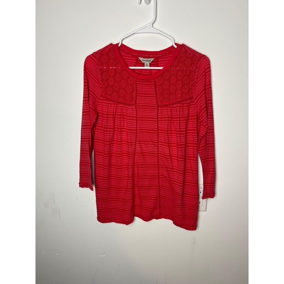Lucky Brand Tops - Lucky Brand Shirt Womens Small Red Stripe Lace Crochet Boho Tunic Top 3/4 Sleeve